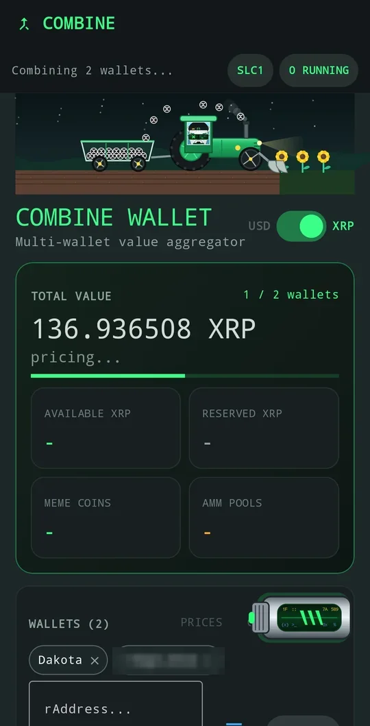 Android Combine: tractor animation, total value in XRP, wallets being combined
