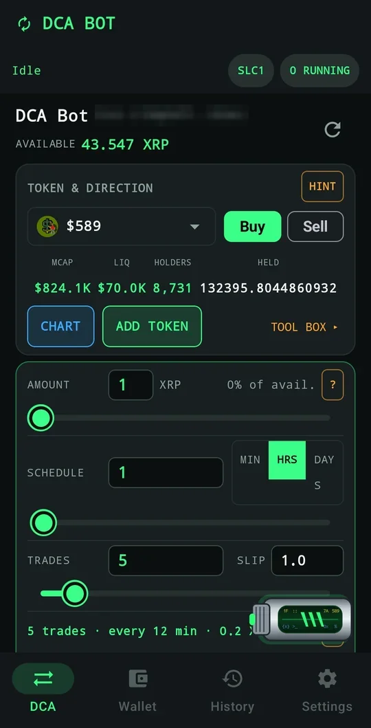 Android DCA Bot: token and direction, amount, schedule, trades and slippage sliders