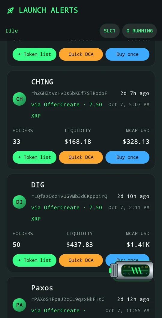 Android Launch Alerts: new tokens with Quick DCA and Buy once buttons