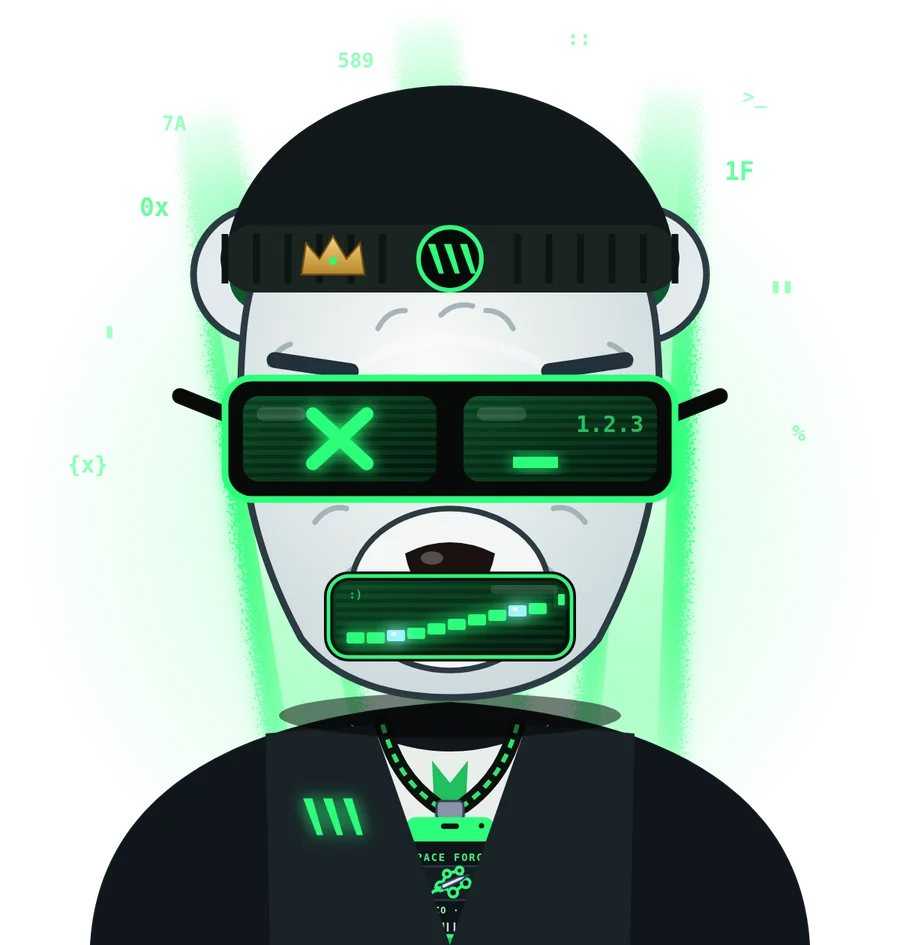 Byte the Bearco bear: a polar bear in a black beanie and glowing green visor, wearing a Space Force security pass