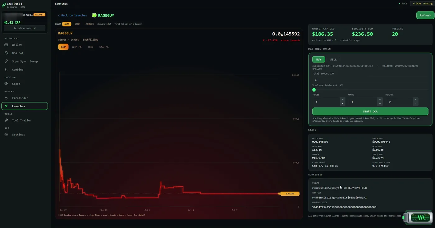 Launches token page for RAGEGUY: price chart since launch, DCA this token card, stats and addresses