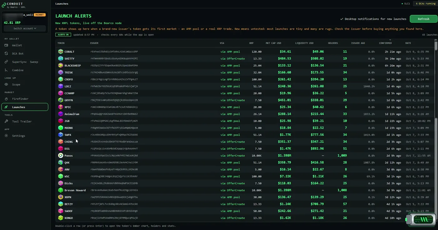 Launch Alerts: brand-new XRPL tokens with issuer, how they got their market, XRP paid, market cap, liquidity, holders and age