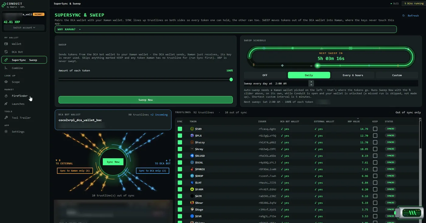 SuperSync and Sweep: sweep schedule ring with next sweep countdown, trustline table with sync status, DCA bot wallet on the left