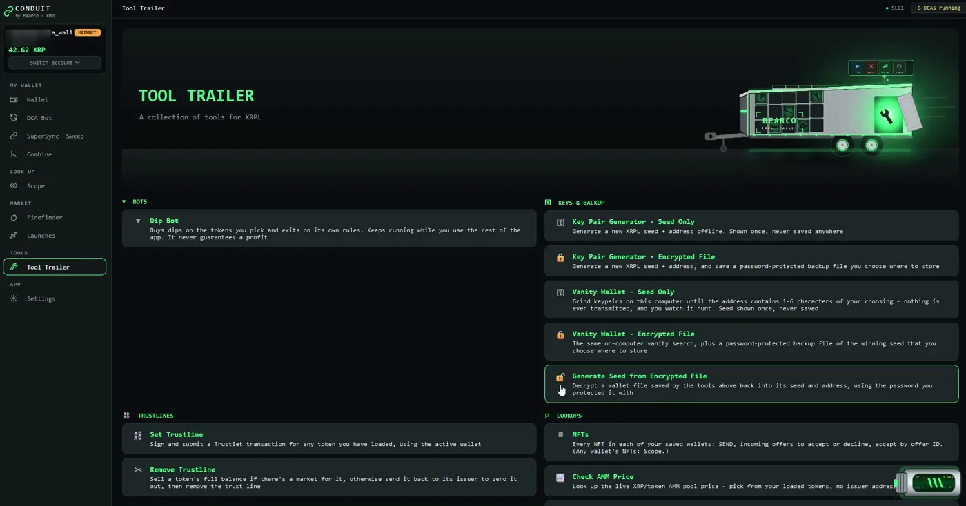 Tool Trailer: Bots, Keys and Backup, Trustlines and Lookups sections under the trailer illustration