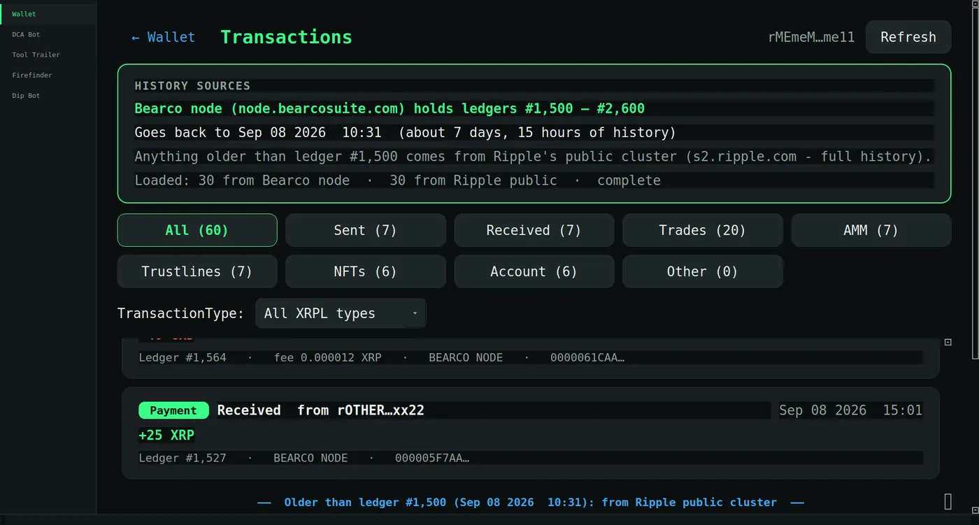 Transactions screen showing history sources: Bearco node (node.bearcosuite.com) holds recent ledgers, older history from the public cluster