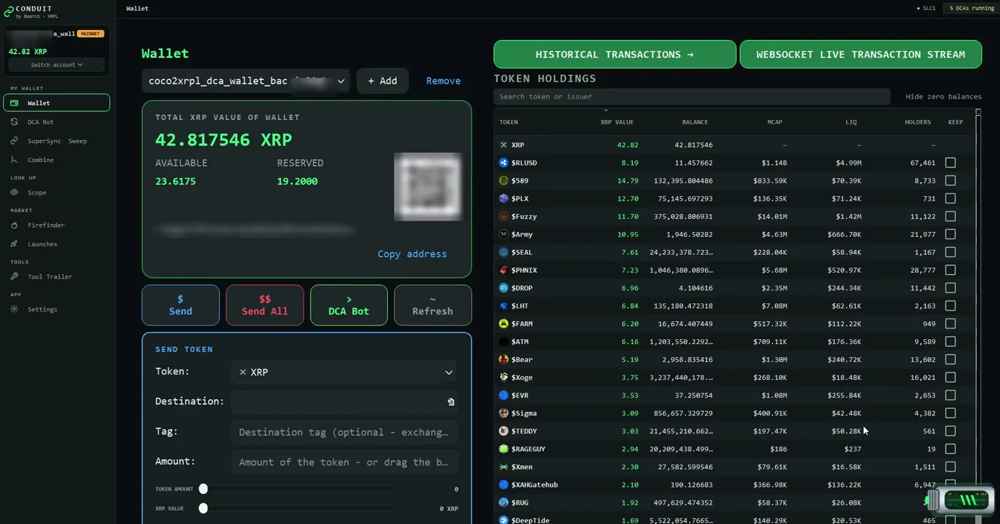 Wallet screen: XRP value, available and reserved, QR code, Send, Send All, DCA Bot, Refresh, and token holdings ranked by XRP value with KEEP checkboxes