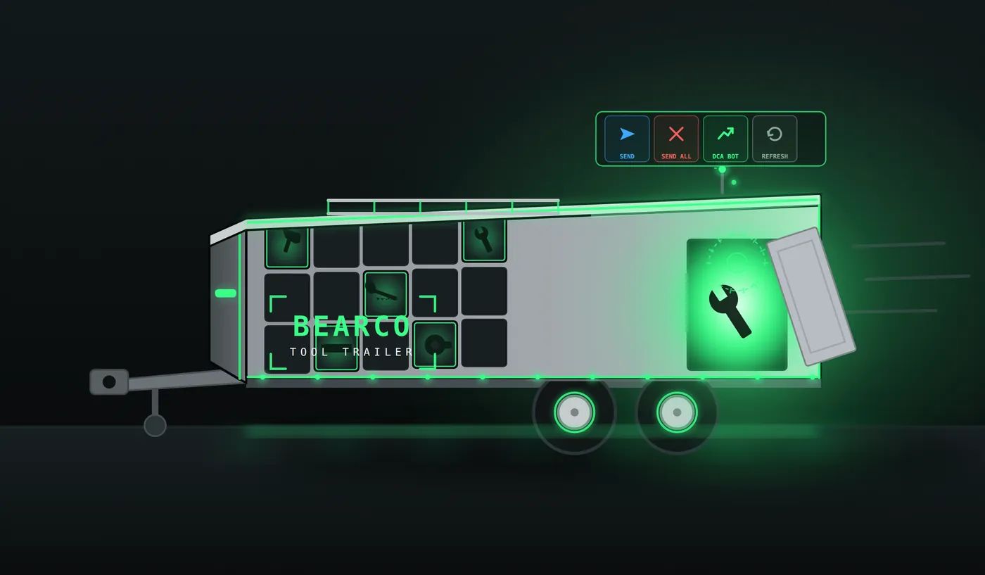 Illustration of the Bearco Tool Trailer, a utility trailer with glowing tool bays